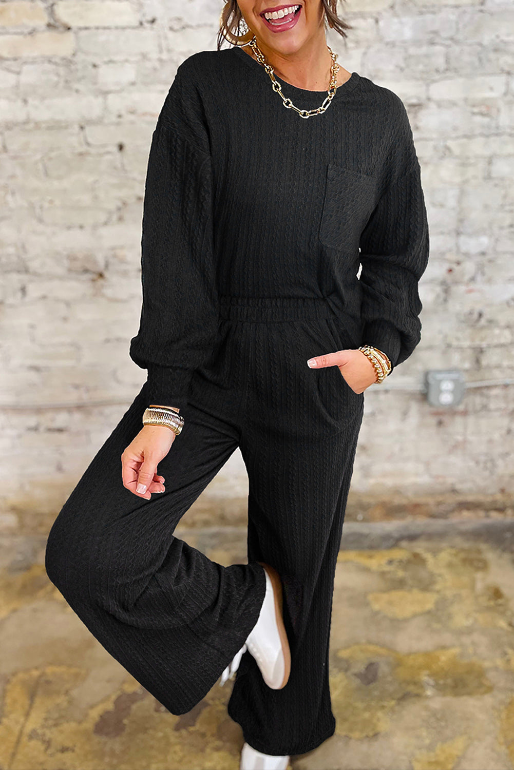 Black Woven Long Sleeve Top & Pant Set