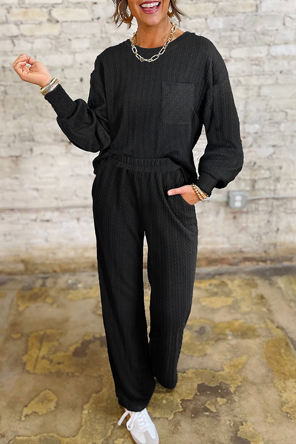 Black Woven Long Sleeve Top & Pant Set