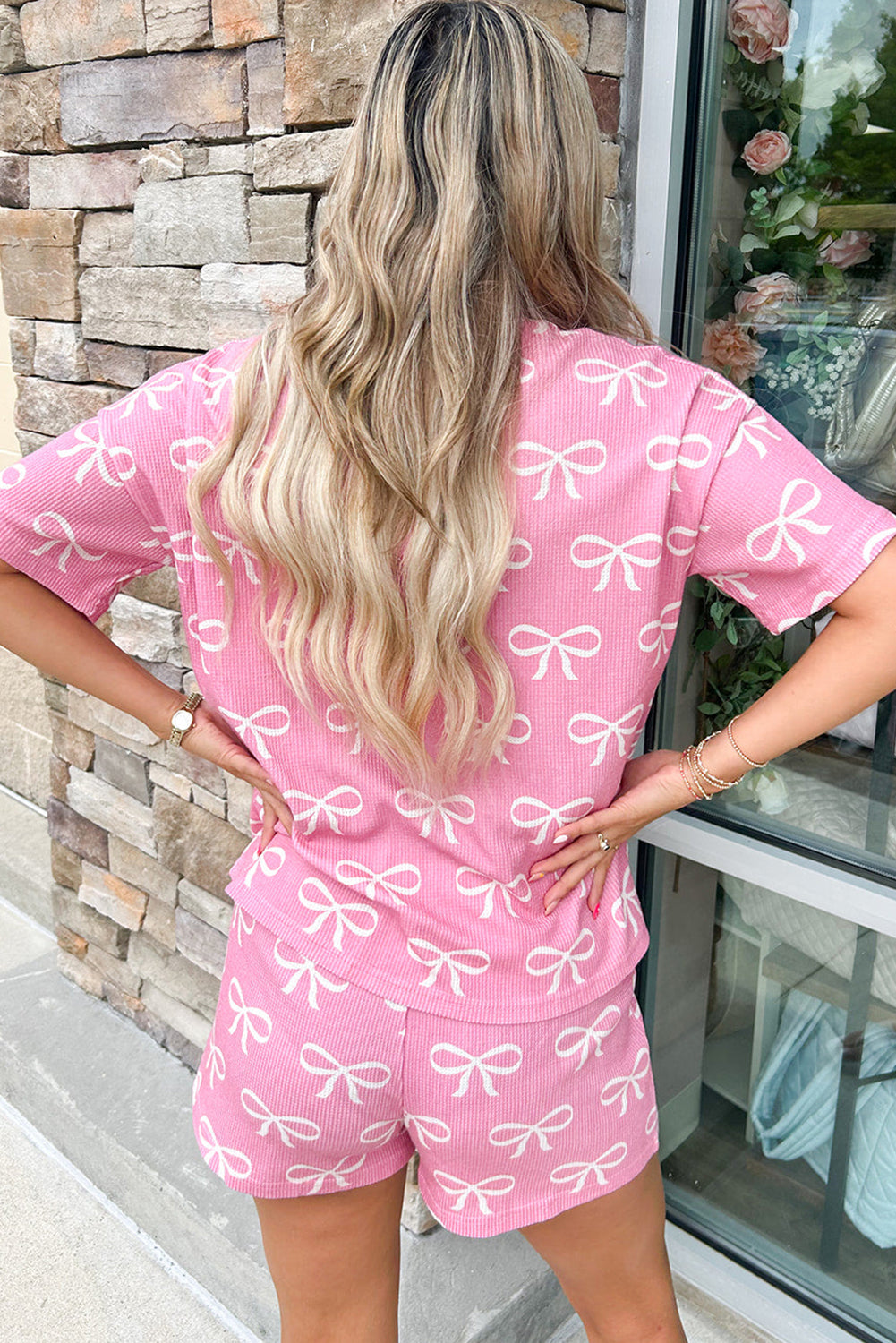 Pink Waffle Knit Bow Shirt & Short Set