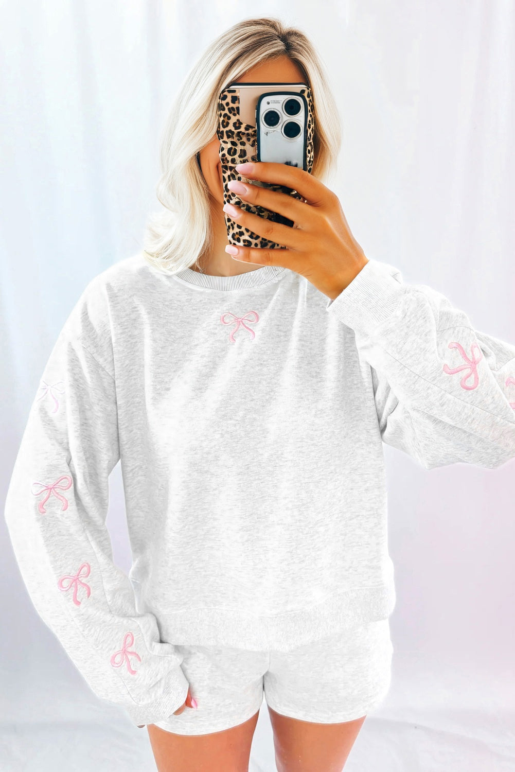 Light Grey Bow Embroidered Pullover & Short Set