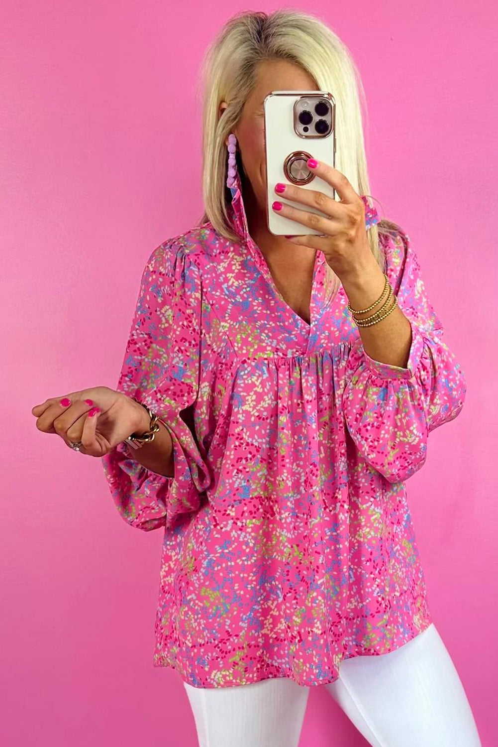 Pink V Neck Babydoll Blouse