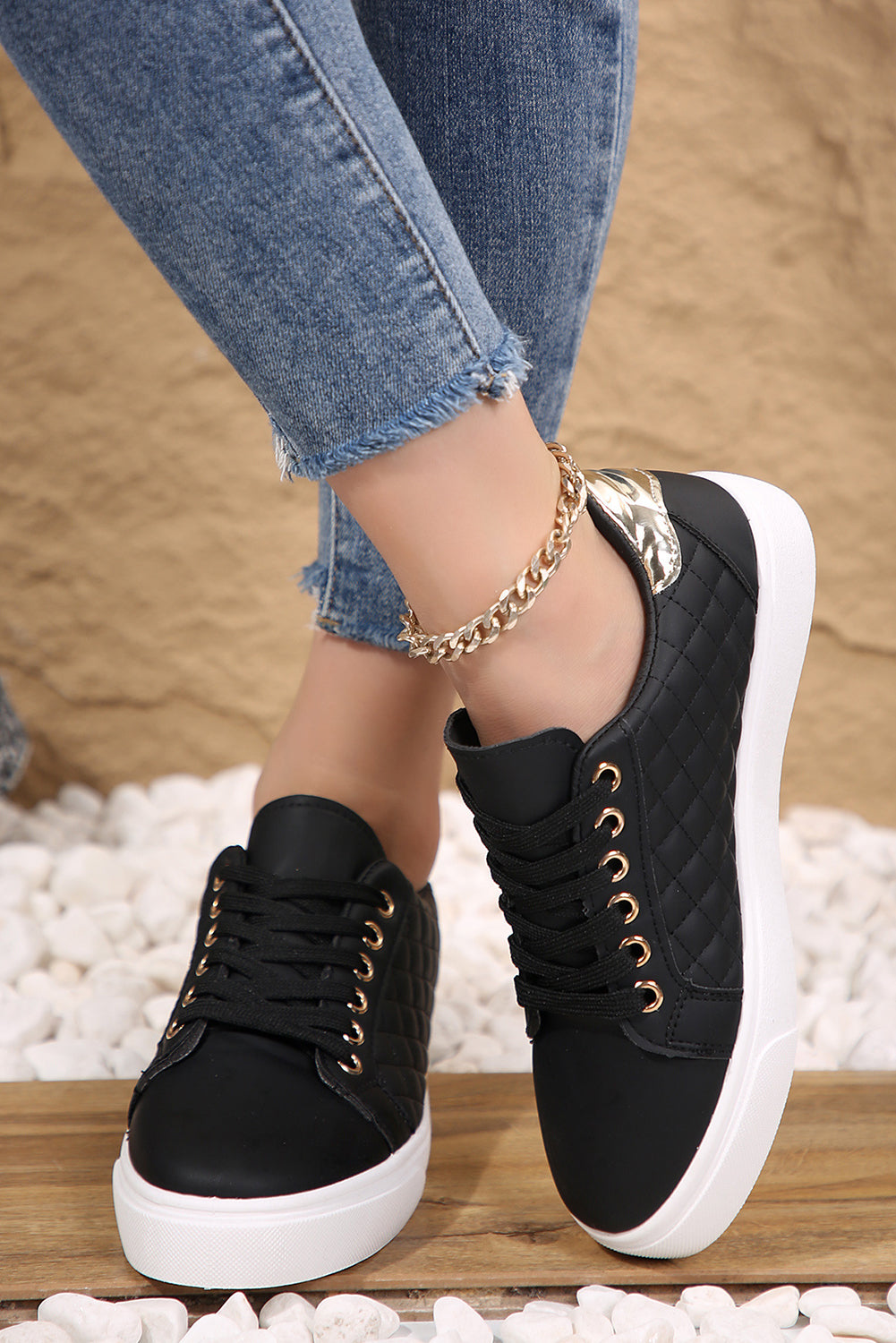 Black Quilted Lace Up Sneakers