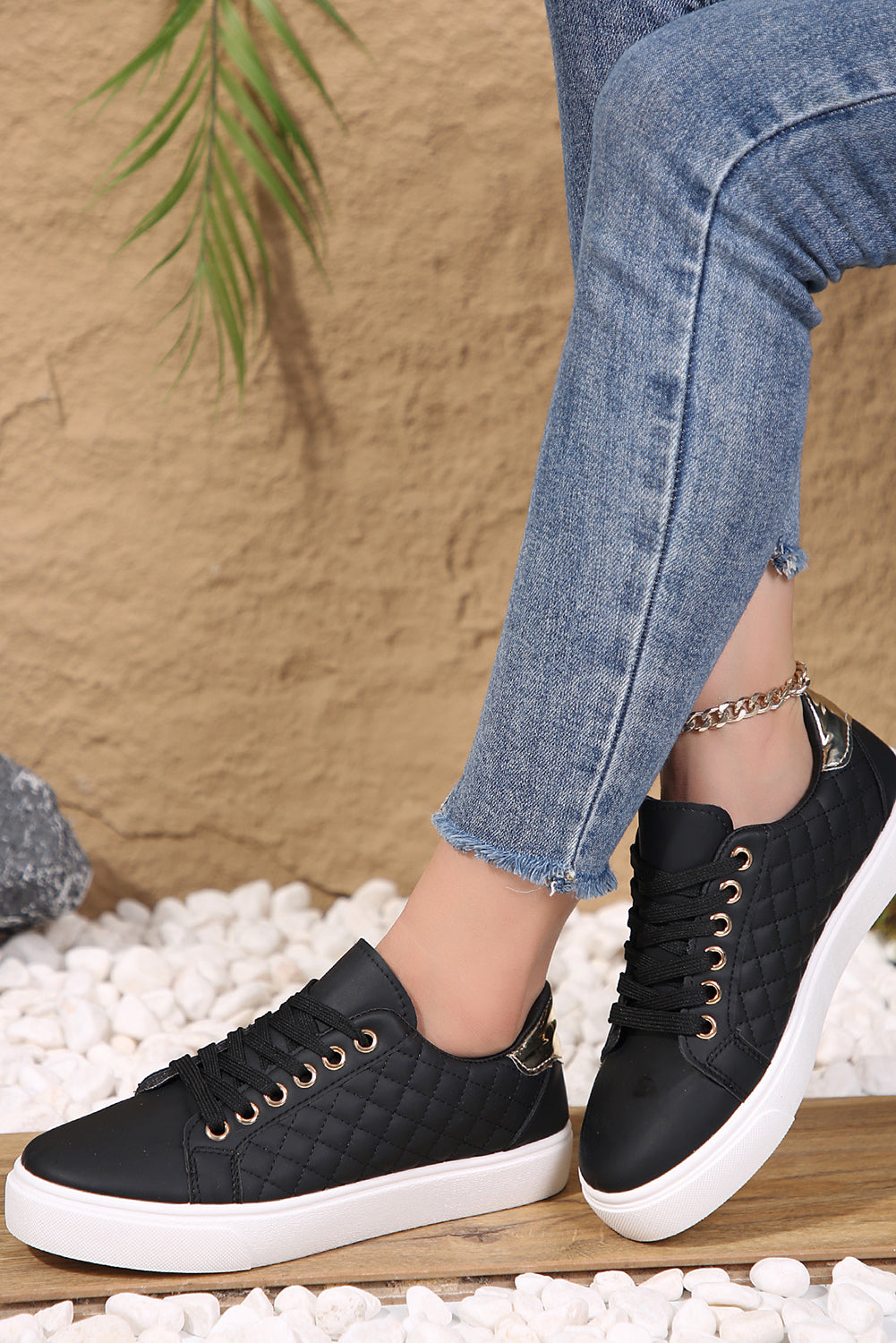Black Quilted Lace Up Sneakers